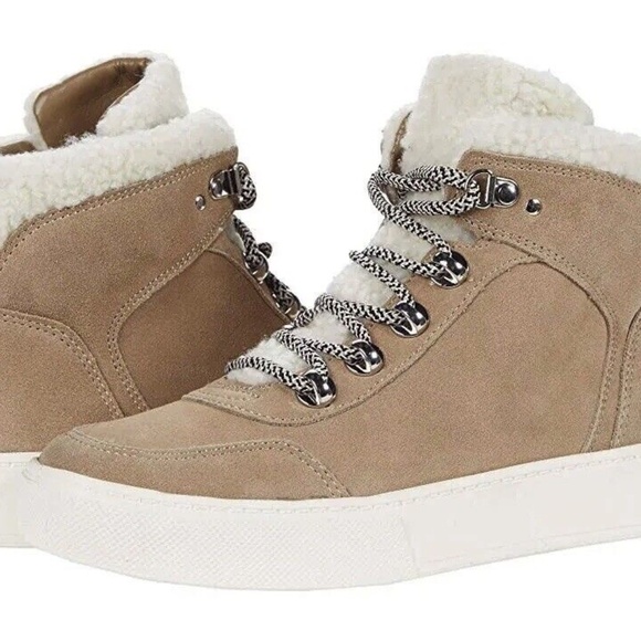 NEW Marc Fisher Women's Summa HIGH TOP Sneaker Taupe SUEDE FAUX FUR Size 7.5 - Picture 2 of 5